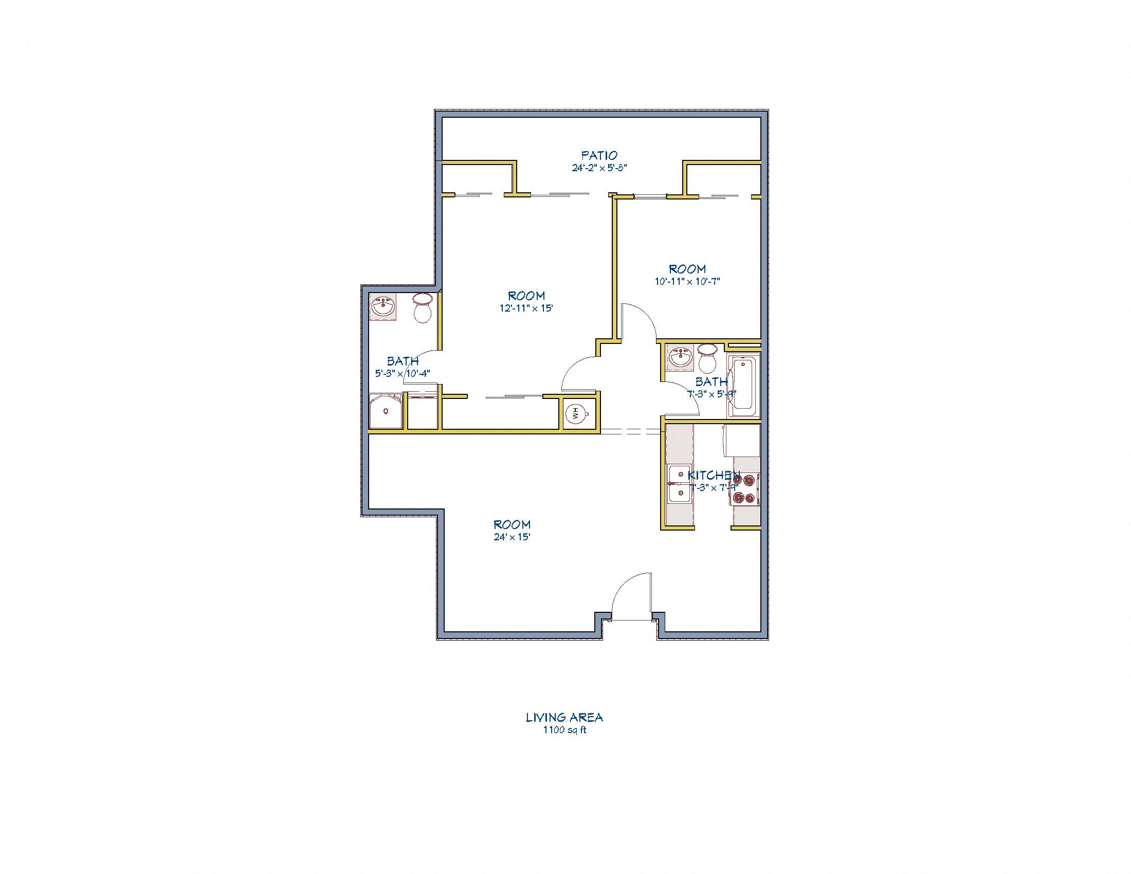 Floor plan for 2 beds, 2 baths, 945 sqft